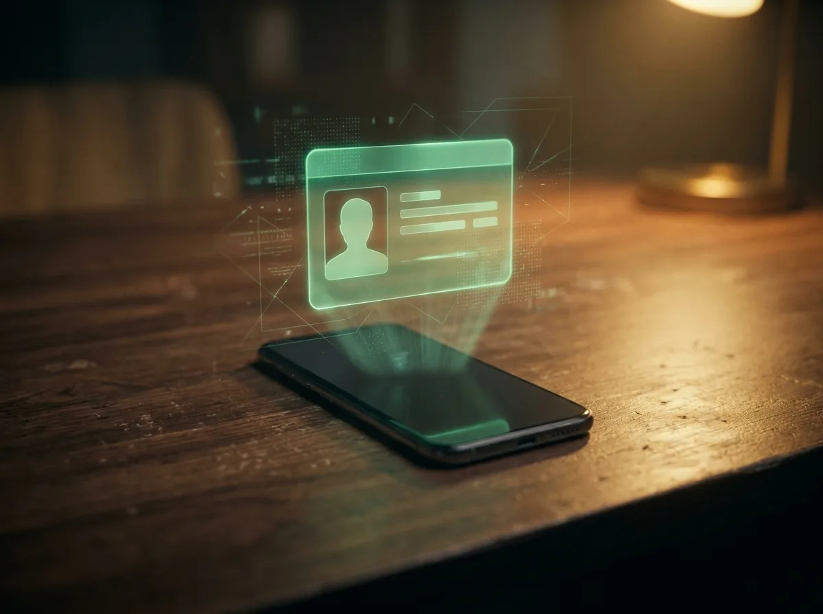 Abstrakcyjna, świecąca zielona sylwetka karty identyfikacyjnej nad biurkiem ze smartfonem — symbol weryfikacji tożsamości przy wypłacie